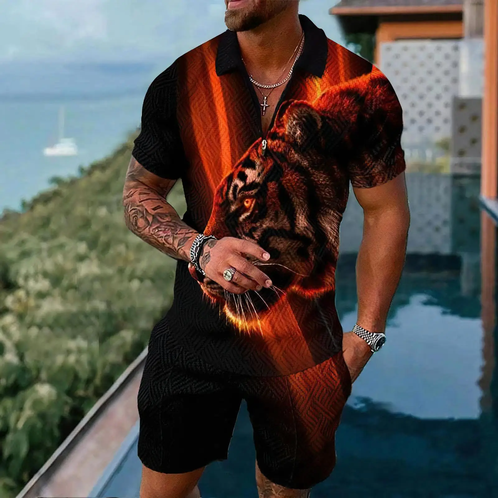 

Gold Luxury Pattern Men's Polo Shirts Set Summer Short Sleeve Zipper Polo Shirt Shorts 2 PCS Suit Casual Sportswear Ropa Hombre