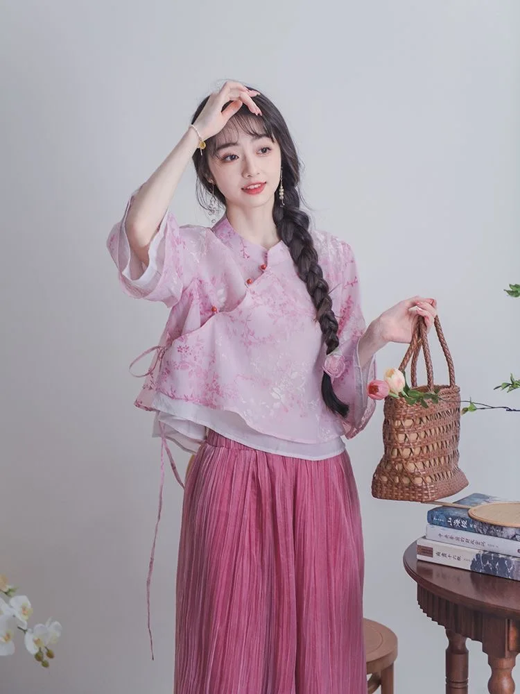 Chinese Traditional Clothing Pink Women\'s Clothing Suit Summer Slanted Collar Stand Up Top Wide Leg Pants Retro Two-piece Set