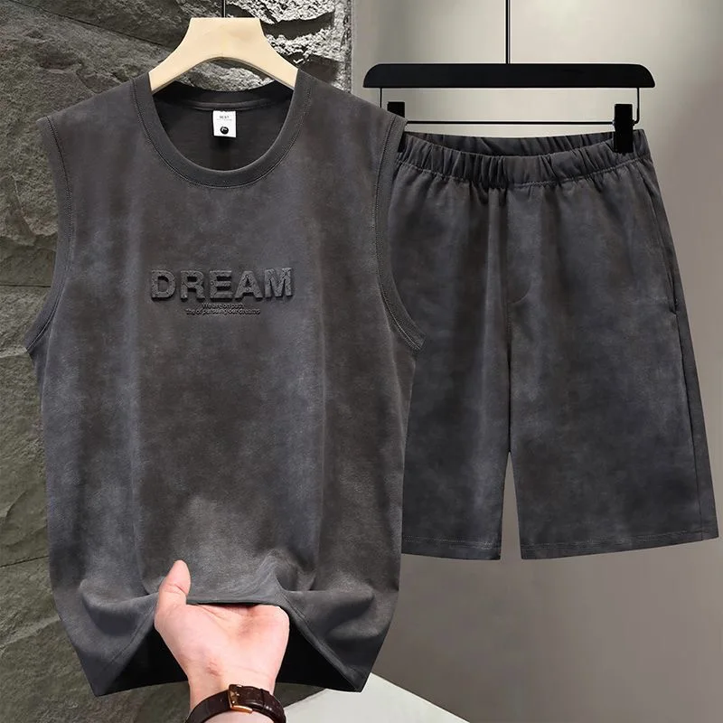 Summer new fashion trend sports fitness running vest set for men's casual loose fit large size high-quality two-piece set M-4XL