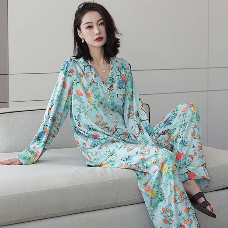 Women\'s Spring Summer Vintage French Print Pajamas Loungewear Women\'s Premium Cardigan Long Sleeve Pants Loungewear Set