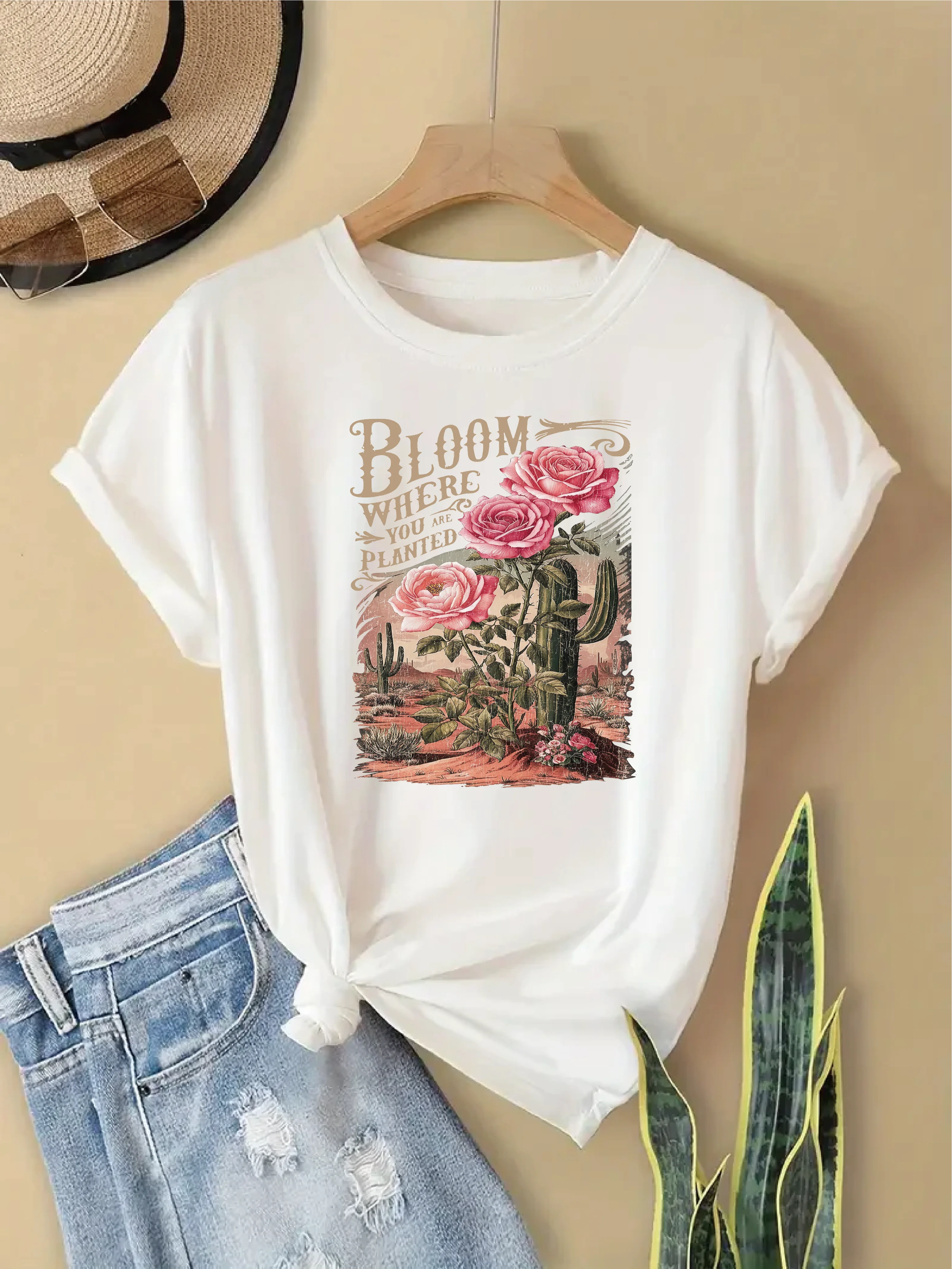 

Flower Cactus Pattern Round Neck Women's T-Shirt Short Sleeve Fashion Summer Printed Half-Sleeve Shirt T-Shirt Women's Top