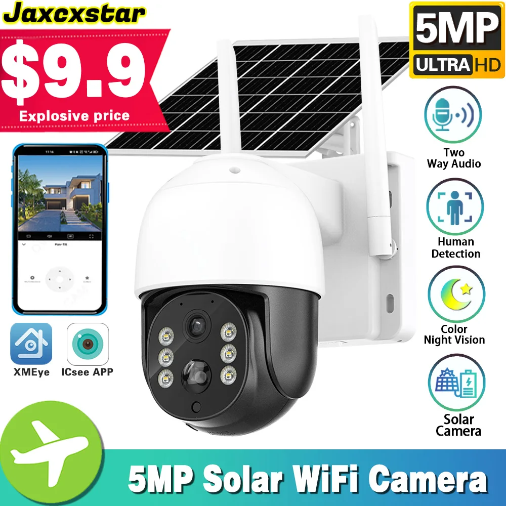 5MP HD Max 128G Card Solar Camera Outdoor Wireless WIFI Built-in Battery Powered PTZ Camera PIR Human Detect 2-Way Audio iCsee