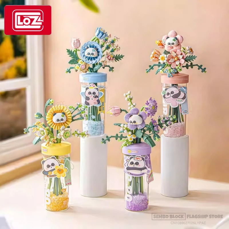 LOZ Panda Aromatherapy Flower Cup Assembling Building Blocks Anime Cartoon Model Collectible Ornaments Children's Holiday Gifts