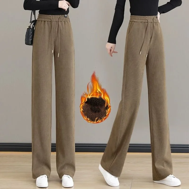 

Autumn Winter Clothes New Lamb Fleece Women's Pants for Warmth and Thickening Solid Color Drawstring Corduroy Wide Leg Trousers