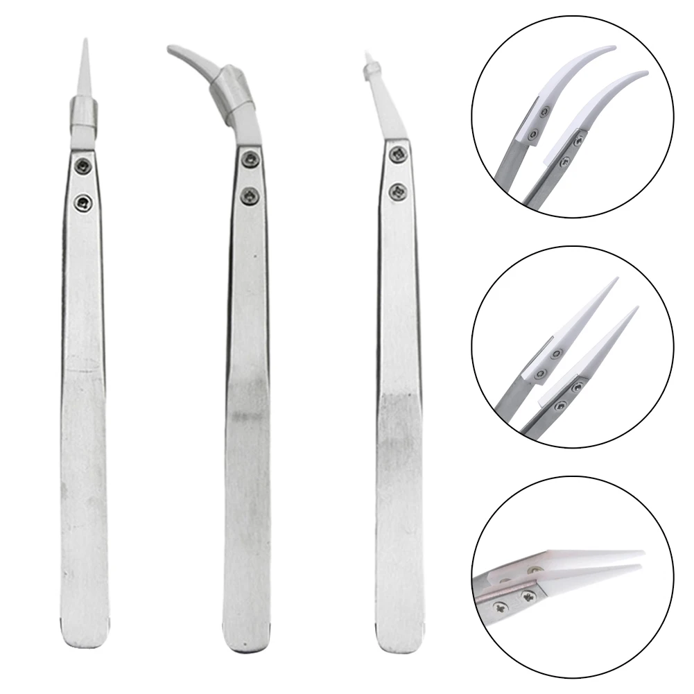 3pcs Insulated for static Ceramic Tip Tweezers Stainless Steel Precision Tools for Electronics Repair and Hobby Use