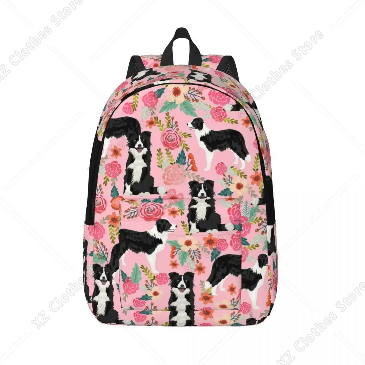 Border Collie Pink Floral Dog for Teens Student School Bookbag Animal Daypack Middle High College Sports