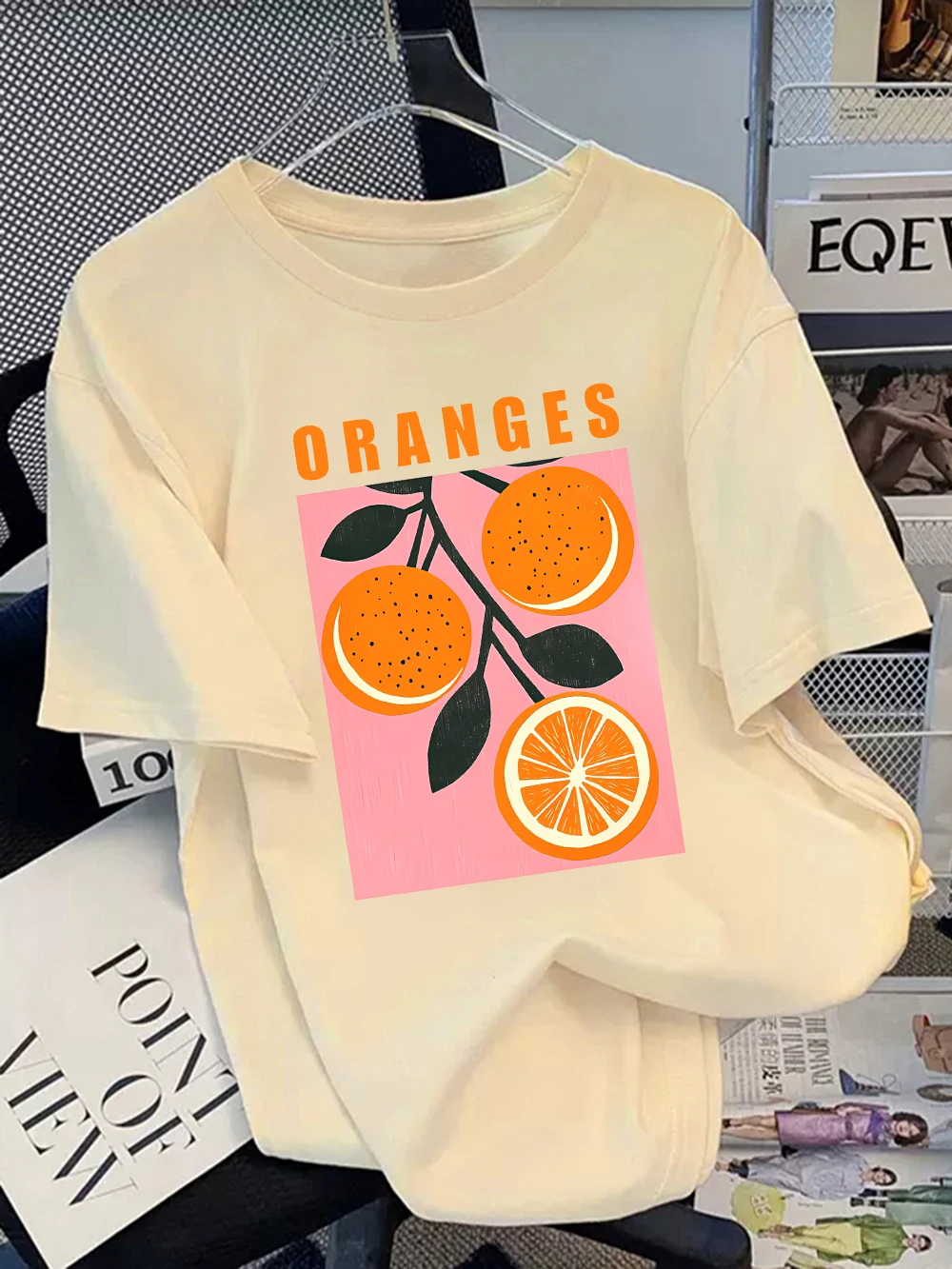Camiseta feminina de algodão verão frutas laranjas impressão manga curta camisetas soltas o pescoço macio confortável topos roupas casuais mulher
