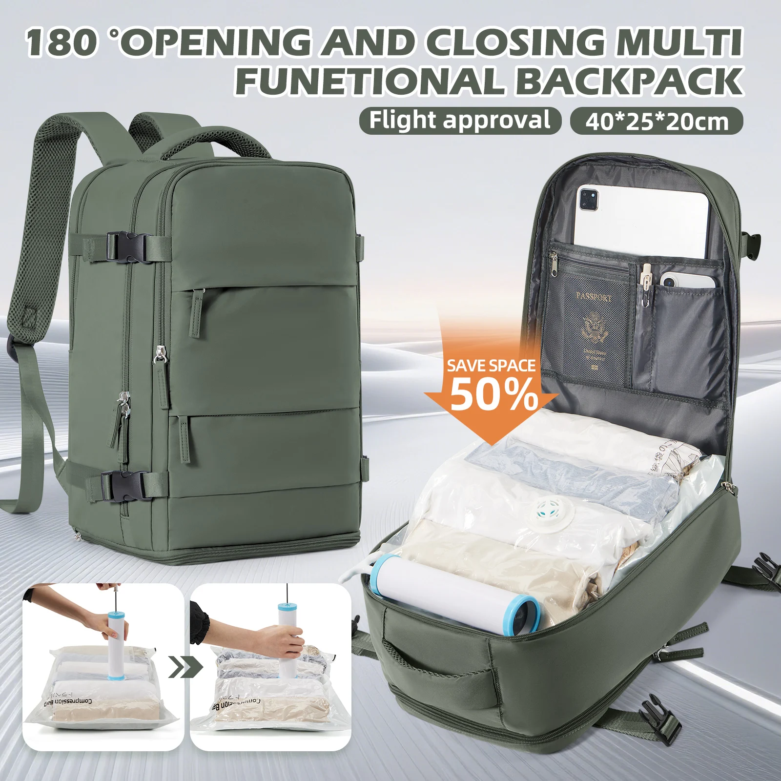 

Ryanair Cabin Airplane 40x20x25 Backpack Travel Laptop Bag wirh Two Air Vacuum Bags for Clothing, Anti-Theft School Backpack