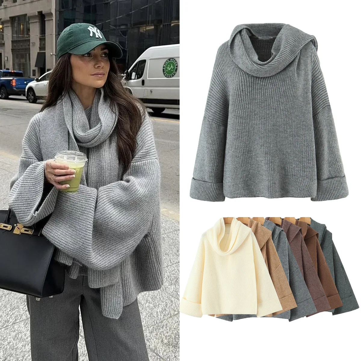 

Long Sleeve With Scarf Wrap Loose Jacket Casual Oversize Coat Woman Full Sleeve JumperY2K Autumn Knitted Women Cardigan Sweater