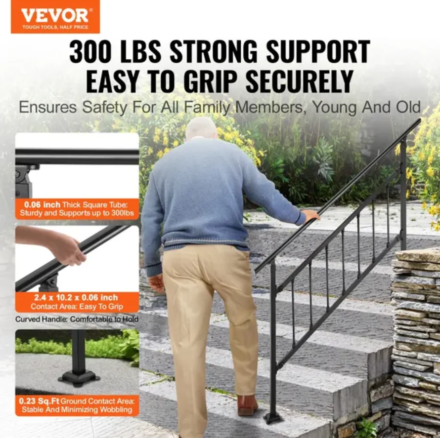 VEVOR Outdoor Handrail, for 1-5 Steps, Adjustable Iron Rail with Fence, Matte Black, with Installation Kit