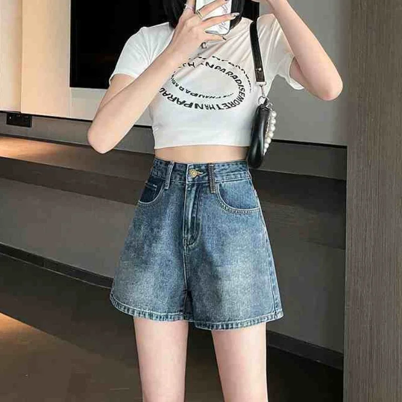 Pantalones cortos vaqueros informales de cintura alta para mujer, pantalones cortos holgados de diseñador XL, moda Harajuku, trajes elásticos, pantalones vaqueros cortos fluidos para mujer