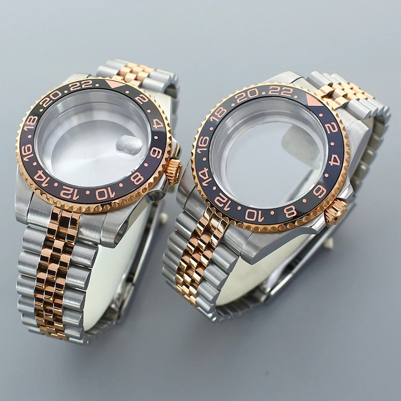 Cajas de oro rosa para reloj GMT de 40MM, bandas de Jubileo, accesorios de reloj, cristal de zafiro para Seiko NH35 NH36 8205 2824, piezas de movimiento NH35