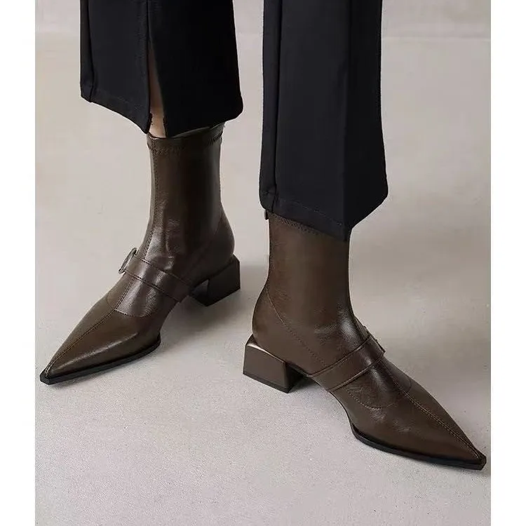 

Гигантские узкие эластичные ботинки с острым носком, женские новые модные узкие ботинки на толстом каблуке с молнией сзади, маленькие короткие женские сапоги