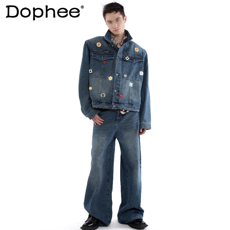 2025 Autumn New Trendy Chic 2pcs Male Three-Dimensional Flower Denim Sets High-End Retro Padded Shoulder Handsome Two-Piece Sets