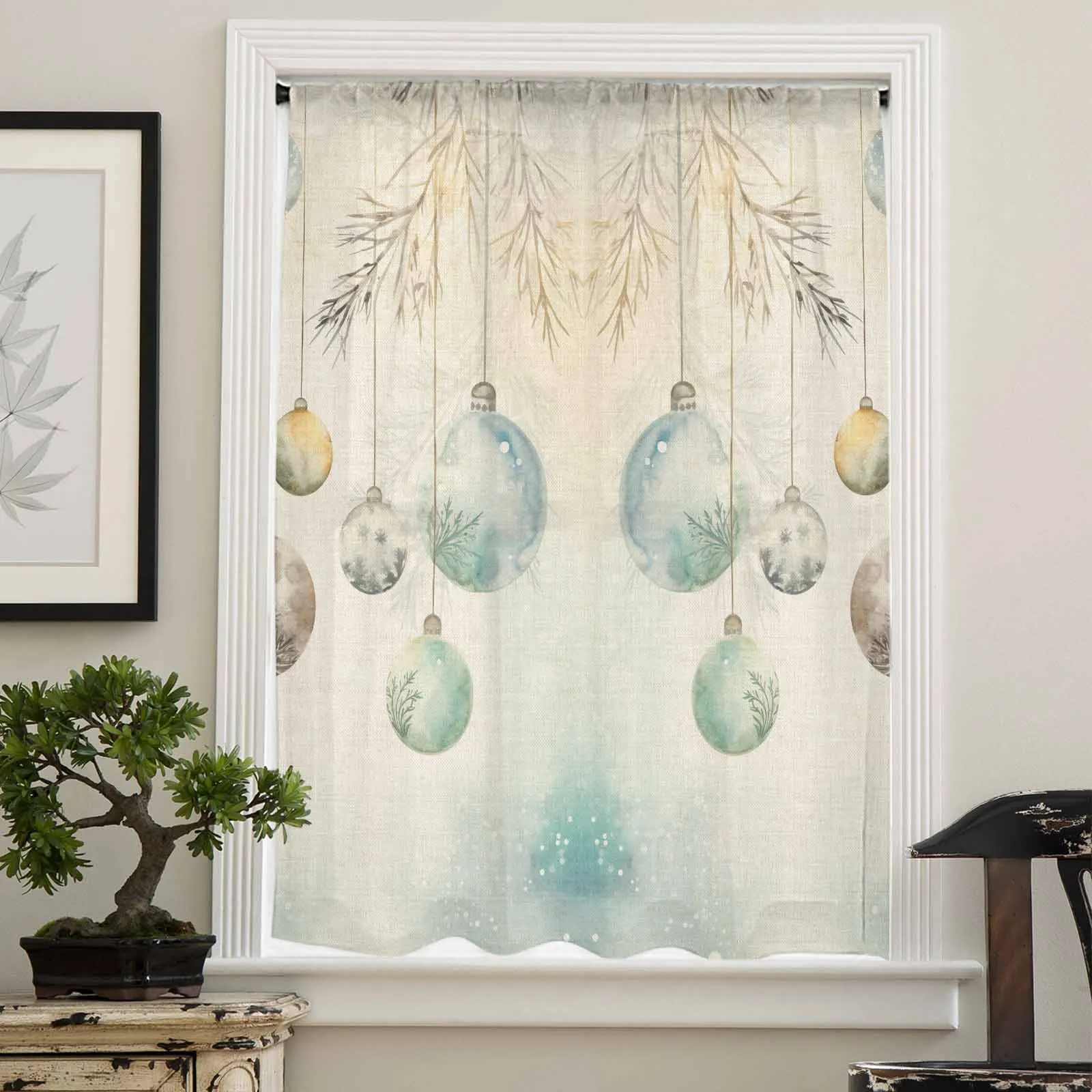 Christmas Watercolor Tree Branches Sheer Curtain Living Room Drapes Home Bedroom Voile Curtain Tulle Window Curtain