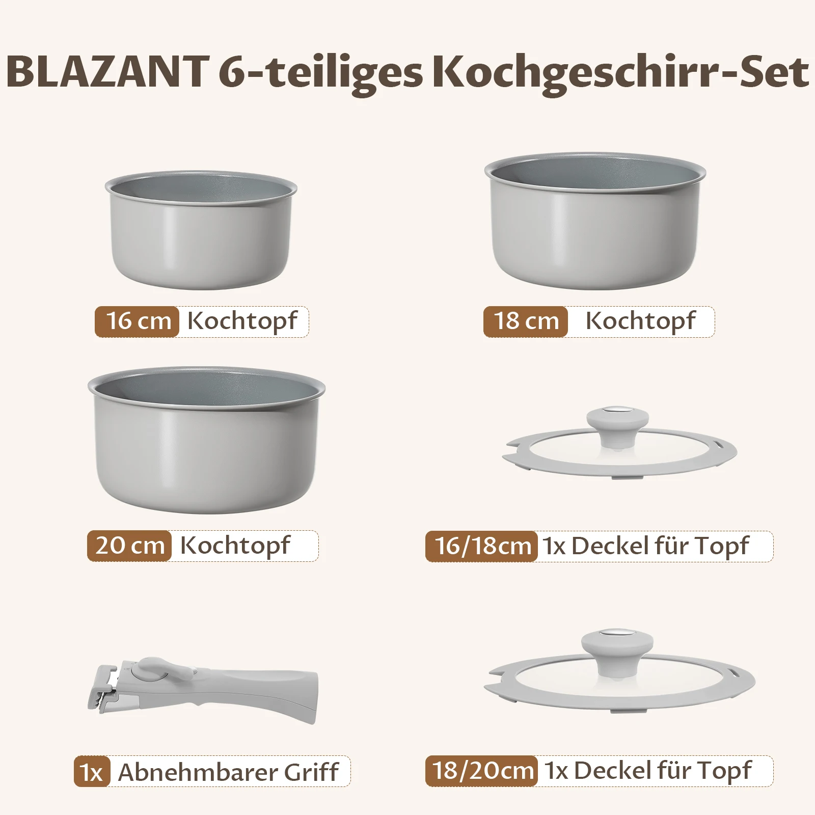 Set di pentole da 6 pezzi, 16/18/20 cm, senza PFOA, manici rimovibili, base a induzione con rivestimento molecolare, adatta per induzione e forno.