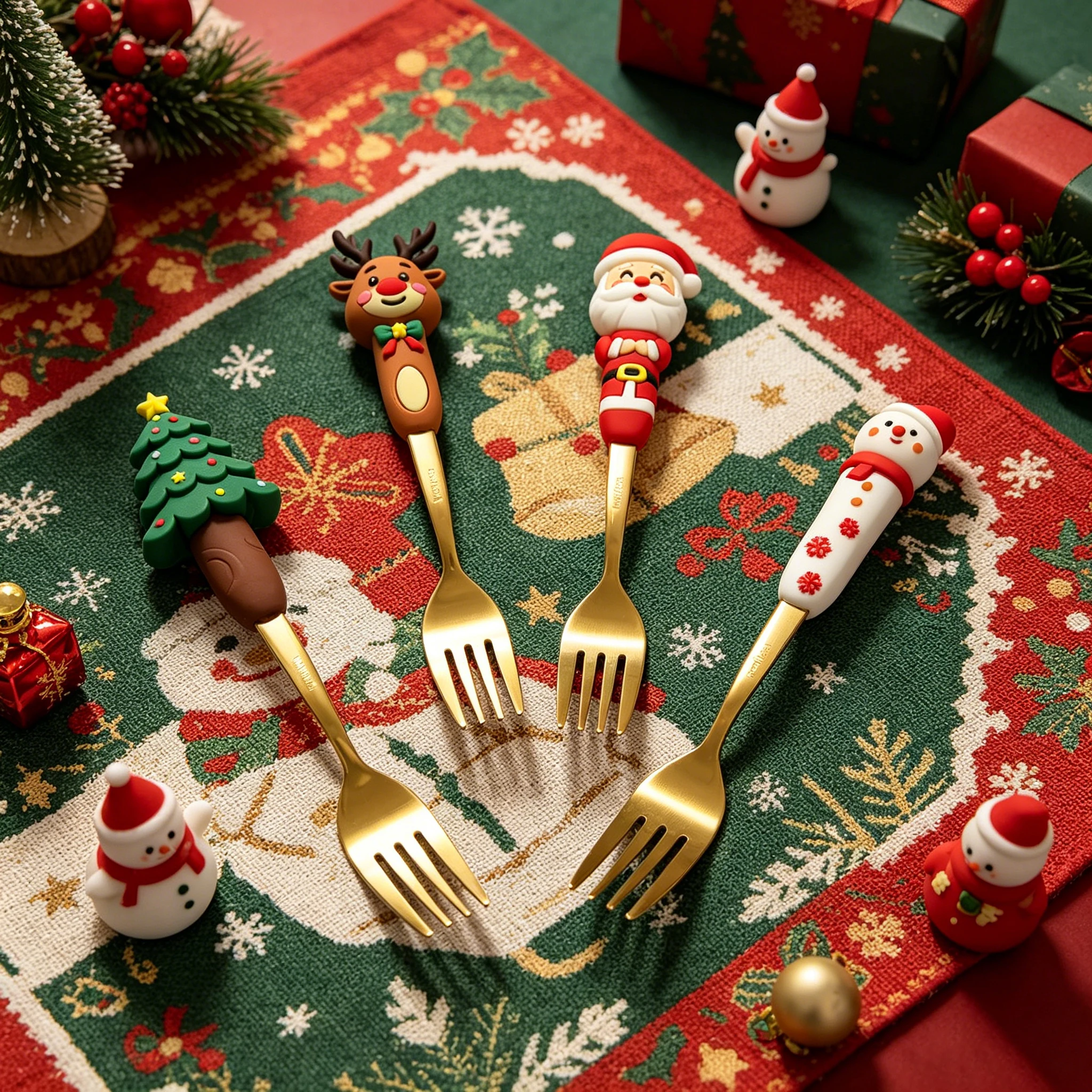 Nuevo tenedor dorado con temática navideña, tenedor principal con forma navideña creativa en 3D, tenedor para frutas, tenedor para postre con forma de árbol de Navidad
