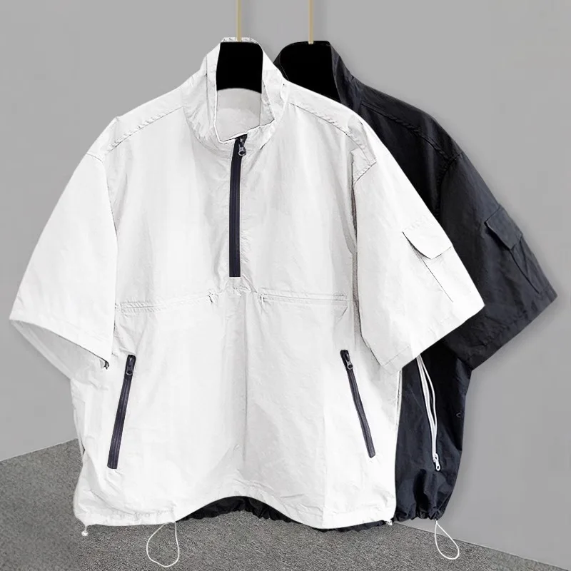 Summer Men Korean Stand Collar Half Zip Short Sleeve T Shirt Loose Workwear Top Breathable All Match Daily Office Street Casual