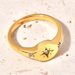 Star Ring for Women, Gold Color Stainless Steel Signet Round Top Ring with Zircon, Chic Minimalist Trendy Ring