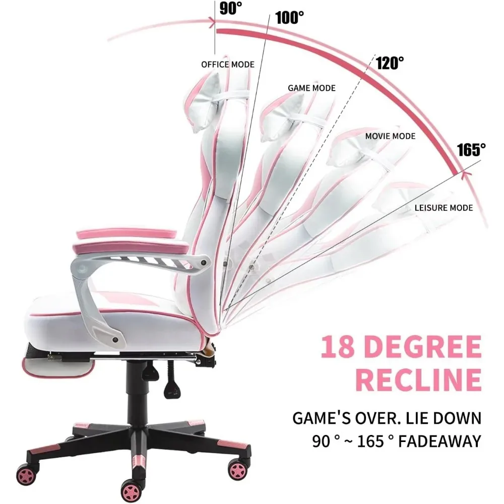 Silla de juegos rosa con reposapiés, ergonómica de gran tamaño, sillas de videojuegos con Lumbar y almohada para la cabeza, para adultos, adolescentes, laboratorio secreto