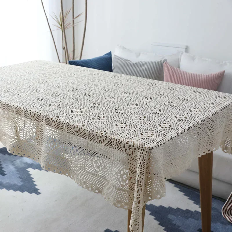 Hollow Decorative Table Cloth Beige Crochet Tablecloth Tassel Lace Rectangular Dining Table Cover Wedding Room Decor Aesthetic