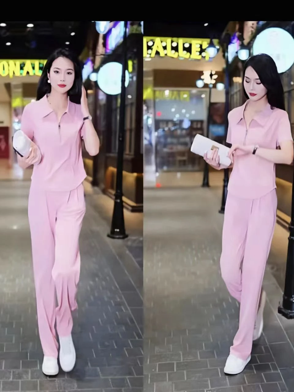 

Slimming Summer Thin Fashionable Sporty Zipper Top Wide Leg Pants Set Two Piece Set Elegant Casual Polyester Fiber Collar