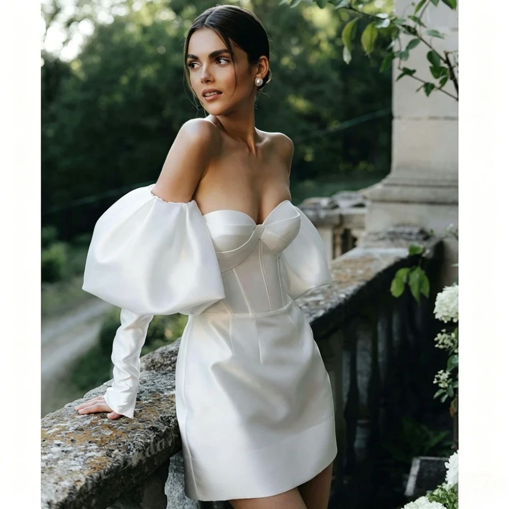 Customize Detachable Off Shoulder Puff Bubble Sleeve Satin Mini Wedding Dress Sweetheart Corset Short Reception Vestido De Novia
