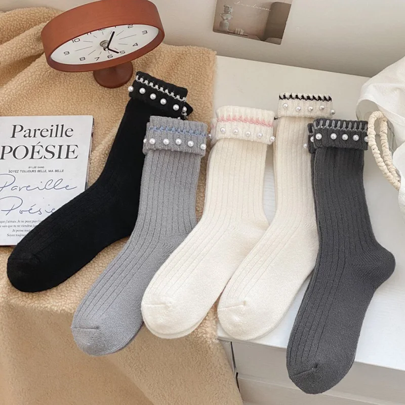 

2 Pair Keep Warm Wool Socks Women Gorgeous Pearls Korean Style Autumn Winter Soft Cashmere Floor Socks Long Thick Snow Socks