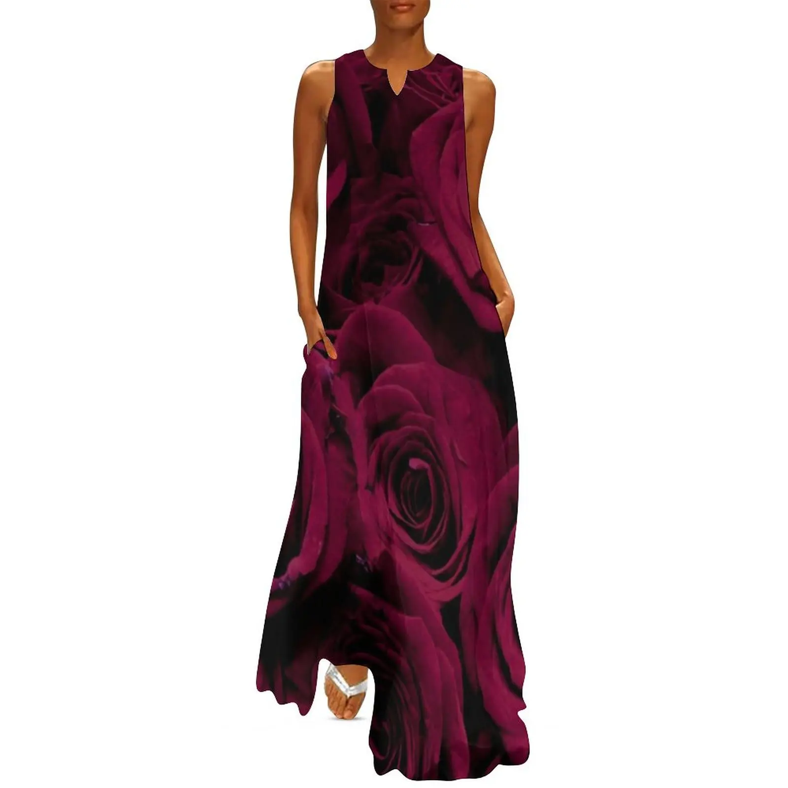 

Romantic Burgundy dark red Roses, deep red floral photo Long Dress chic and elegant woman dress women"s elegant loose dresses