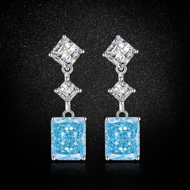 

Square Created Blue Sapphire 925 Sterling Silver Drop Earring for Women Fashion Statement Princess Cut Gemstone Jewelry Brincos