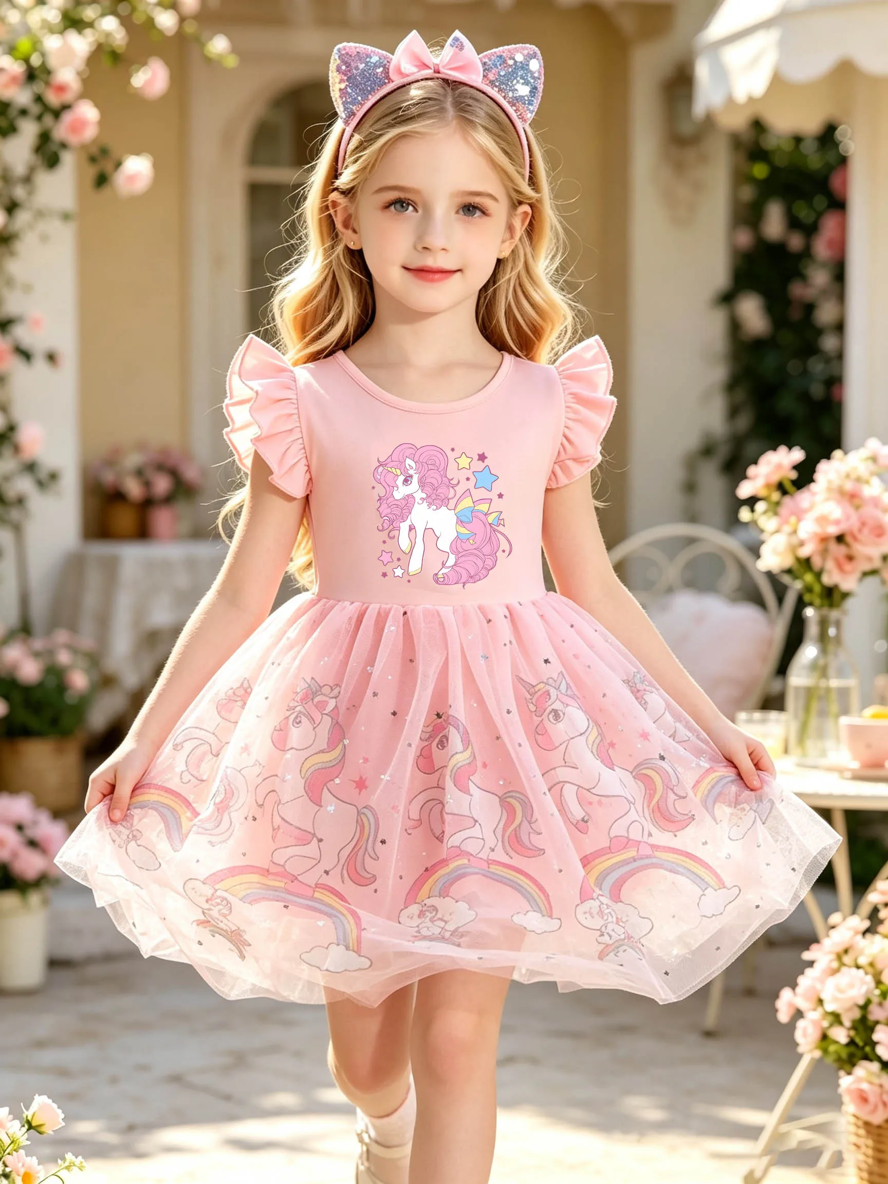 Kurzärmeliges Feenkleid mit Sternen und Pony für kleine Mädchen, Sommer-Tüll-Tutu-Kleid für Kinder mit glitzerndem Regenbogenwolken-Mesh – Detail 1
