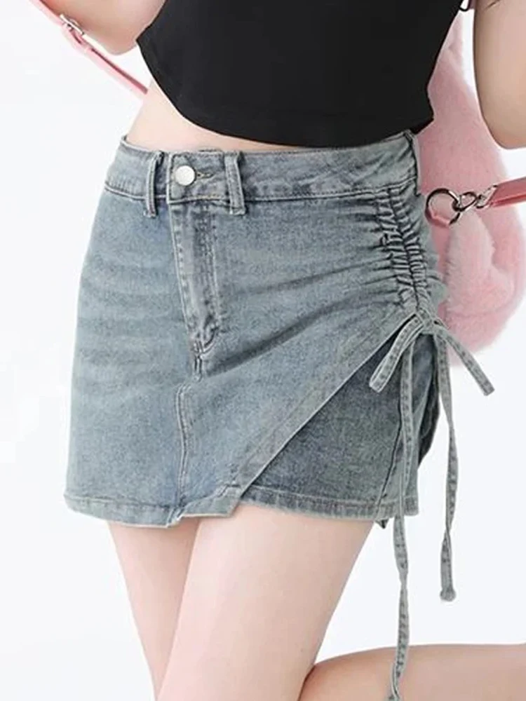 Korean Sexy Vintage Lace Up Y2K High Waist A-line Denim Skirts Summer Female Casual Streetwear Asymmetrical Slim Club Mini Skirt