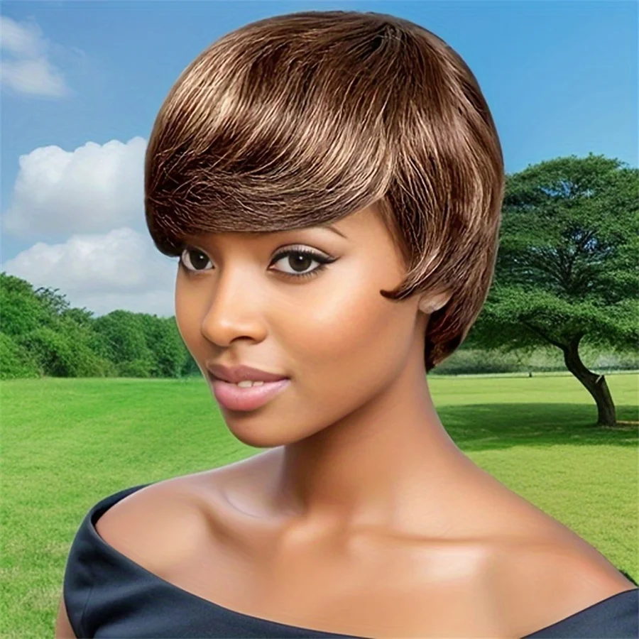 pixie machine made  wig 6inch 427 color pixie cut short straihgt human hair wigs 150% density remy hair for women