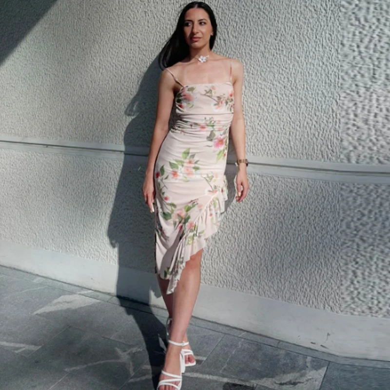 Hxao vestido feminino estampado verão 2025, casual, midi, costas nuas, em camadas, peça única, resort, babados, sem mangas