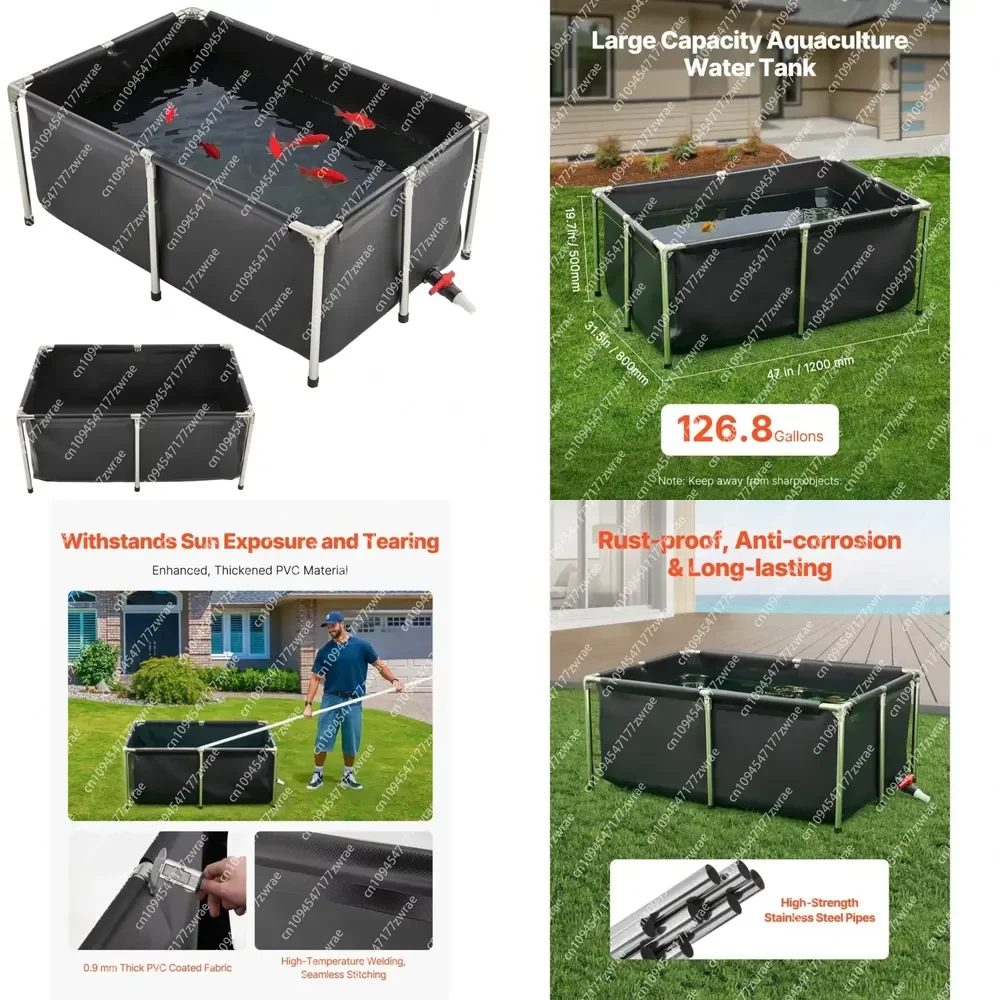 126.8 Gal Rectangular Goldfish Tank Foldable PVC Above Ground Fish Pond with Stable Frame & Drain Aquarium Accessory