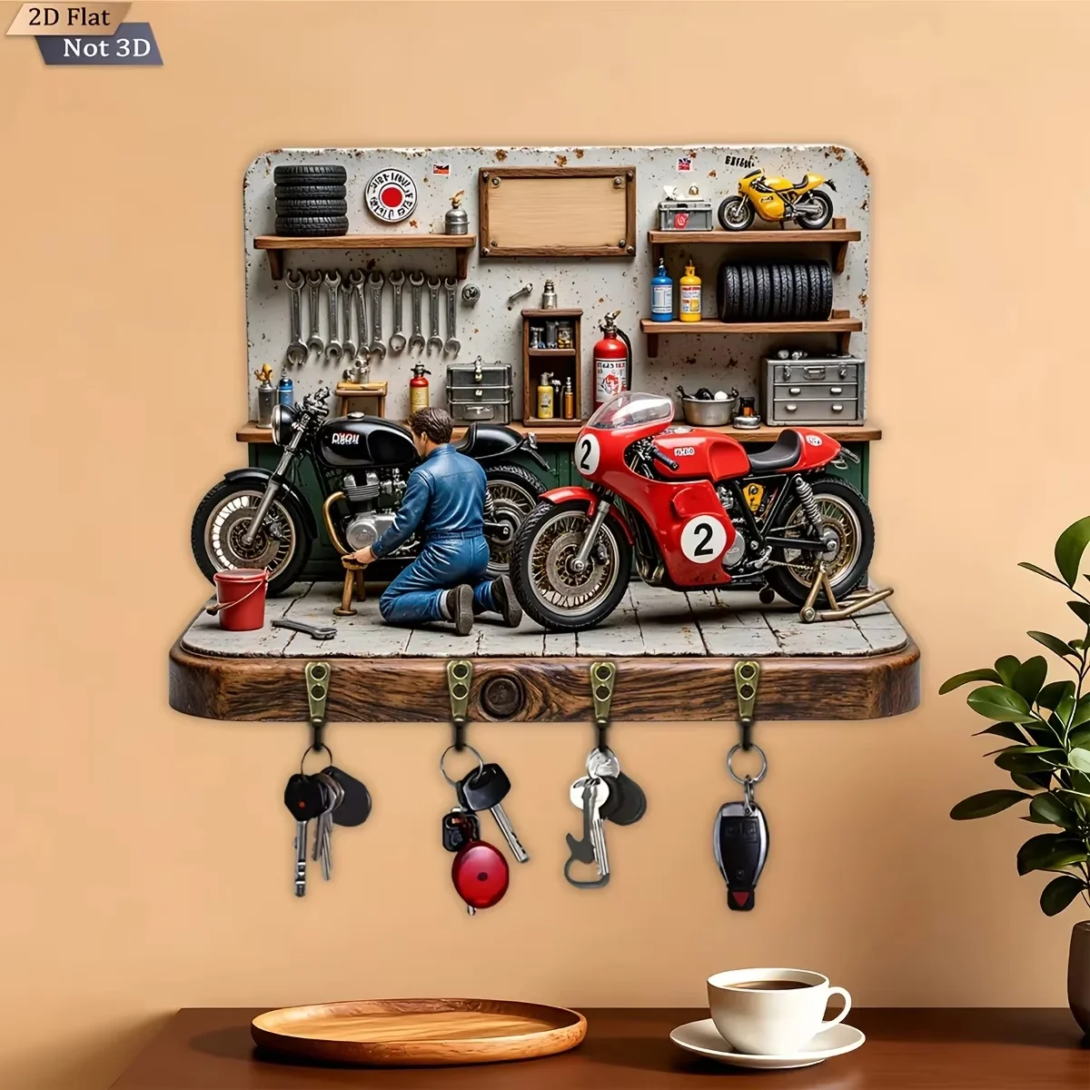 2D Flat, 1pc,  Motorcycle Repair Themed Key Hook, Wooden Multifunctional Home Key Rack, with Four Metal Hooks, Wall Decoration, view 5
