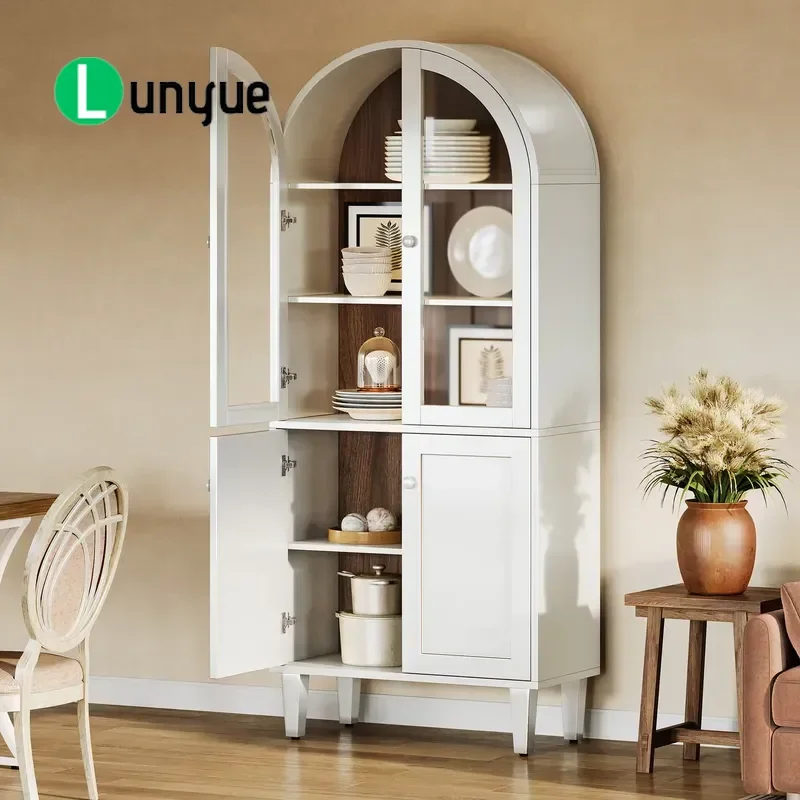 68 Inch Tall Arched Bookcase White Farmhouse 5 Tier Display Shelves with Lockers Tribal Style Storage Cabinet for Living Room