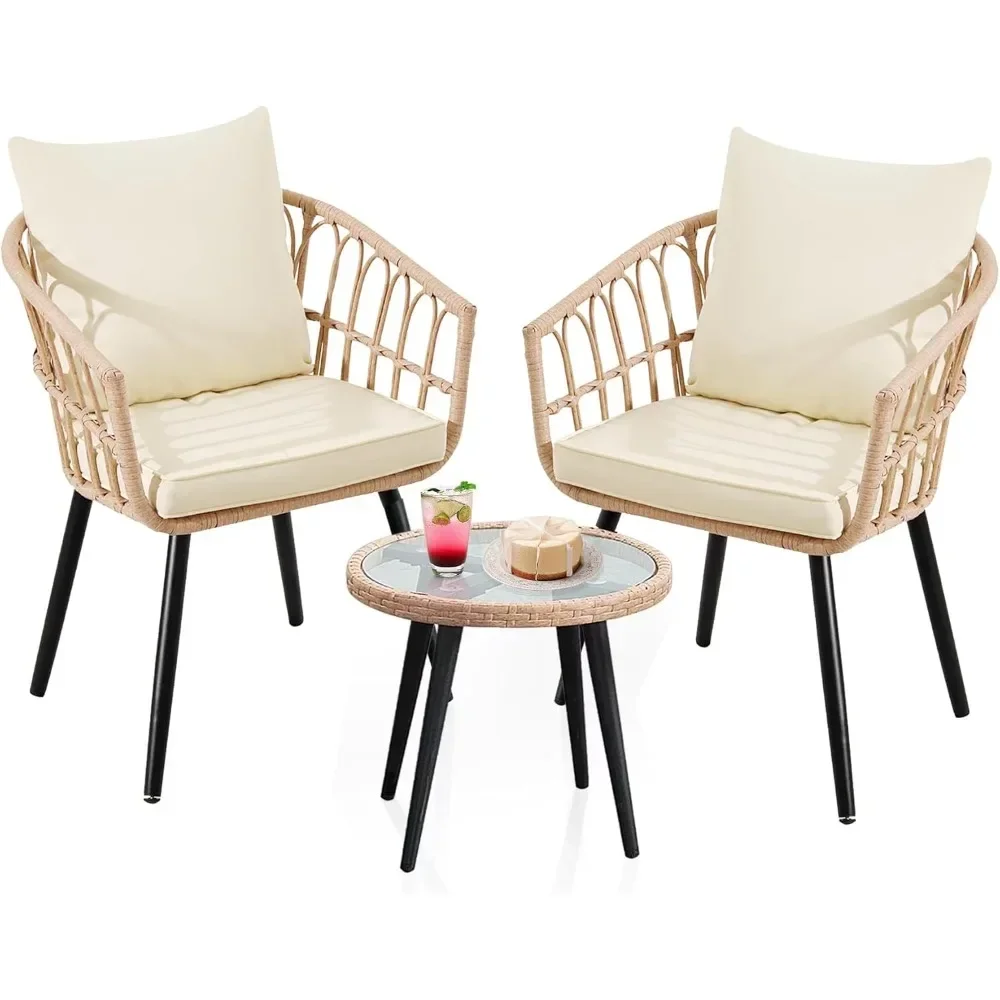 3 Piece Patio Bistro Sets, Outdoor Wicker Furniture Set, All-Weather Rattan Chairs Conversation Set with Cushions Round Table