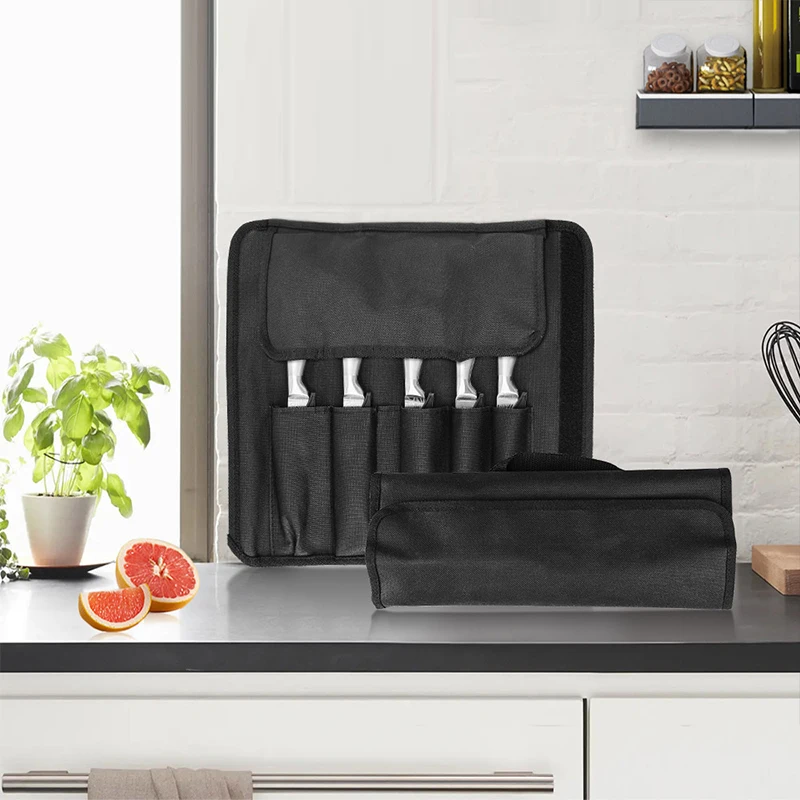 Portable Chef Knife Roll Bag with 5 Slots Oxford Knives Bag Kitchen Knife Carry Case for Stainless Steel Knives Storage Tool New