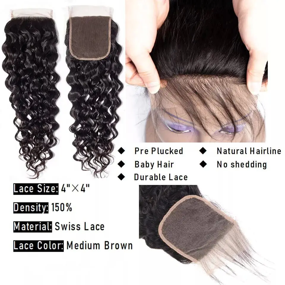 Curly Human Hair Bundles ปิด 100% Unprocessed Virgin Hair Water Wave 3/4 รวมกลุ่มกับ Frontal Hair Extensions