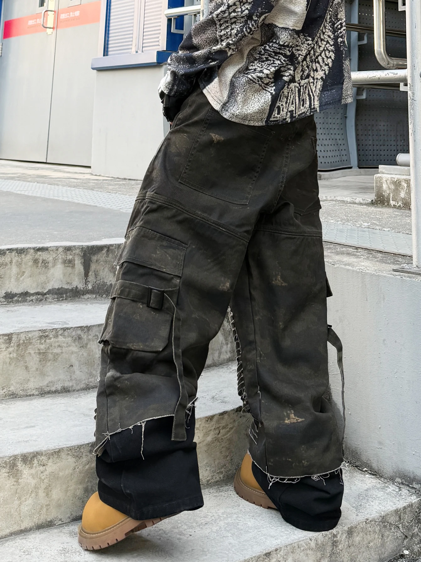 Men's Army Green Streetwear Jeans, American Hip Hop Style Ripped Baggy Wide-Leg Pants For Men, Fashionable Loose-Fitting Trouser