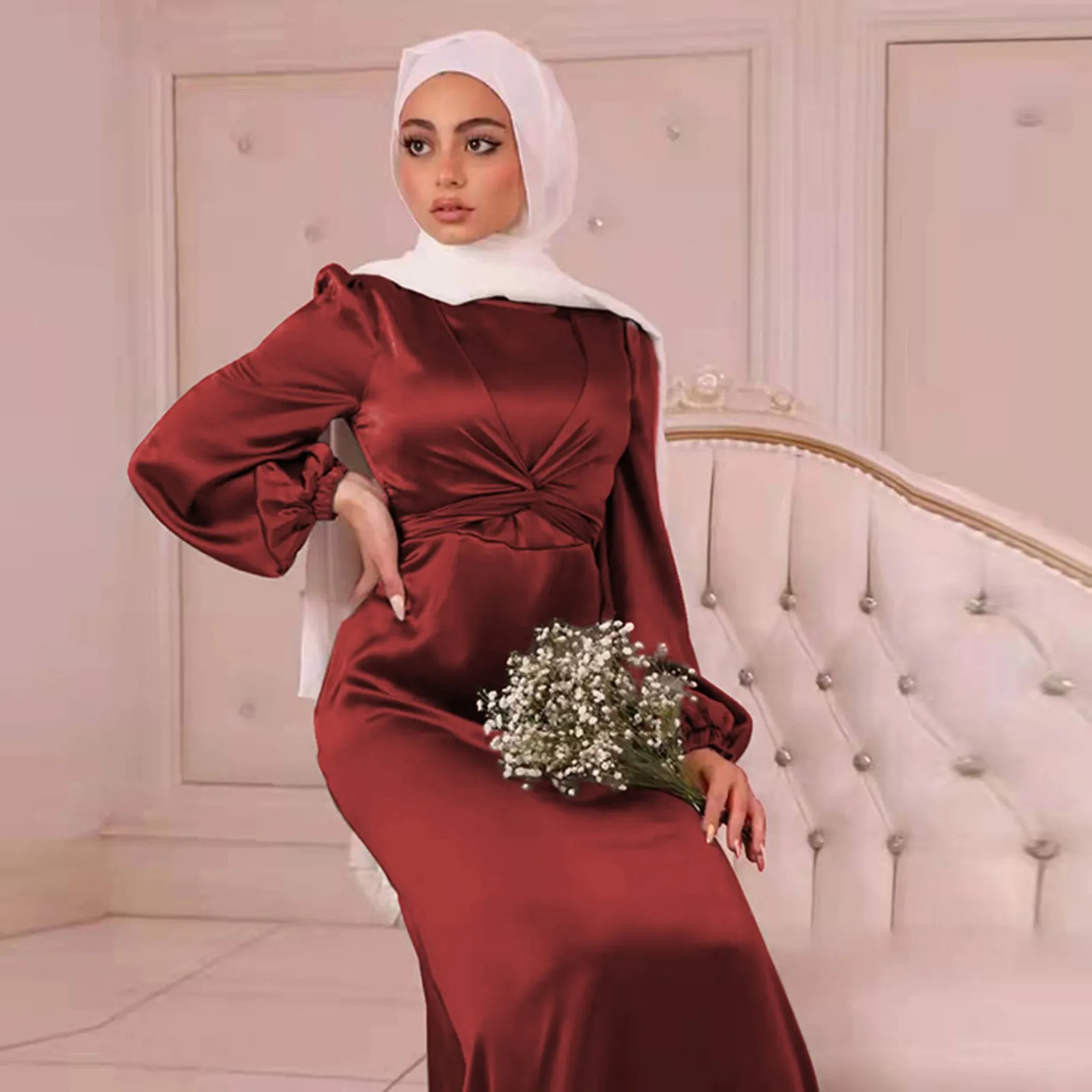 Women Muslim Satin Dress Soft Elegant Solid Long Dress Loose Waist Lace Up Casual Elegant Party Dress Hijabs for Girls S-2XL