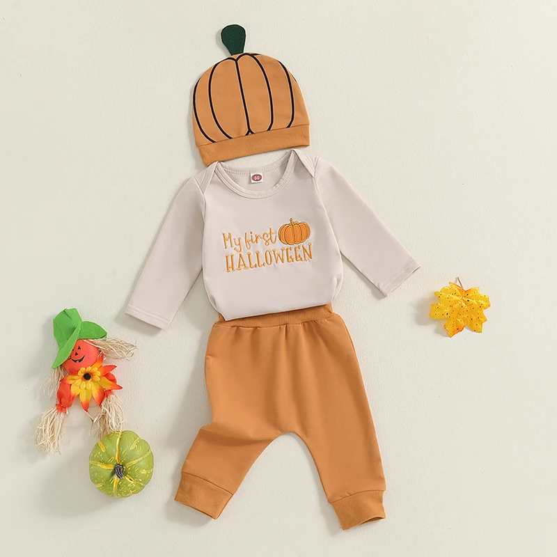 0-18M Newborn Baby Boy Halloween Outfit Embroidered My First Halloween/Thanksgiving Outfit Pumpkin Turkey Romper Pant Hat