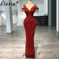 Modest Red Mermaid Wedding Dress Pearls Fringes Mermaid Woman Formal Party Dresses Beaded Customized Evening Dinner Party Gowns