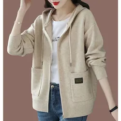 Cappotto maglione con cappuccio da donna nuovo di grandi dimensioni primavera autunno manica lunga con cerniera Cardigan lavorato a maglia giacca maglione femminile