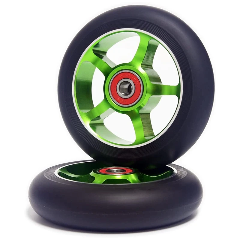 2Pcs 100mm Scooter Replacement Wheels with Bearings Aluminum Wear- PU Scooter Parts Scooter Accessories,Green