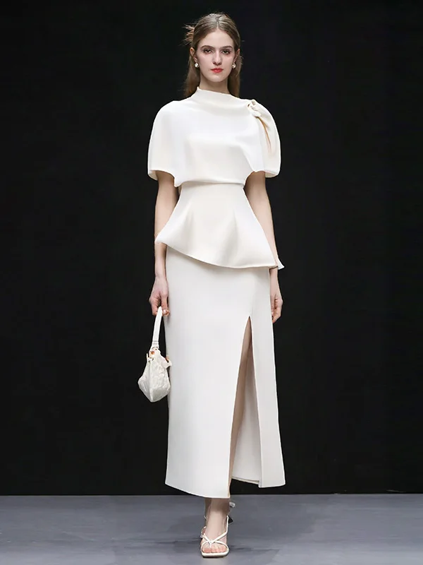 

Summer 2026 Elegant Asymmetrical Hem High Waist Straight Leg Skirt Set Women's Fashion Ensemble Short Sleeve Zipper Closure
