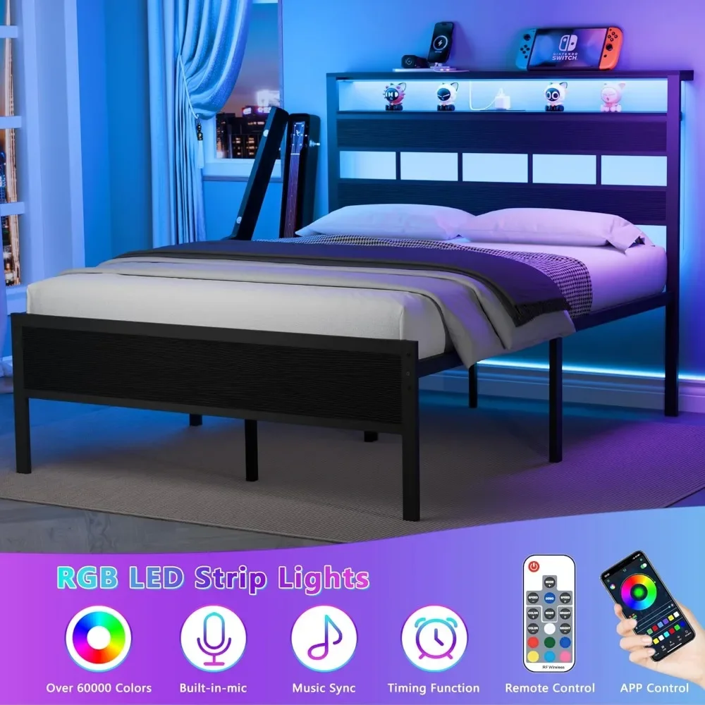 Struttura letto full size con luci a LED e stazione di ricarica, testiera portaoggetti con 2 ripiani, letto con piattaforma in metallo resistente