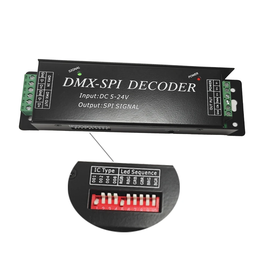 DMX-SPI Decoder DMX512 LED Controller support 10 kinds pixel IC For 2811 2812 2801 DC 5V-24V LED Strip Light By The Dip Switch