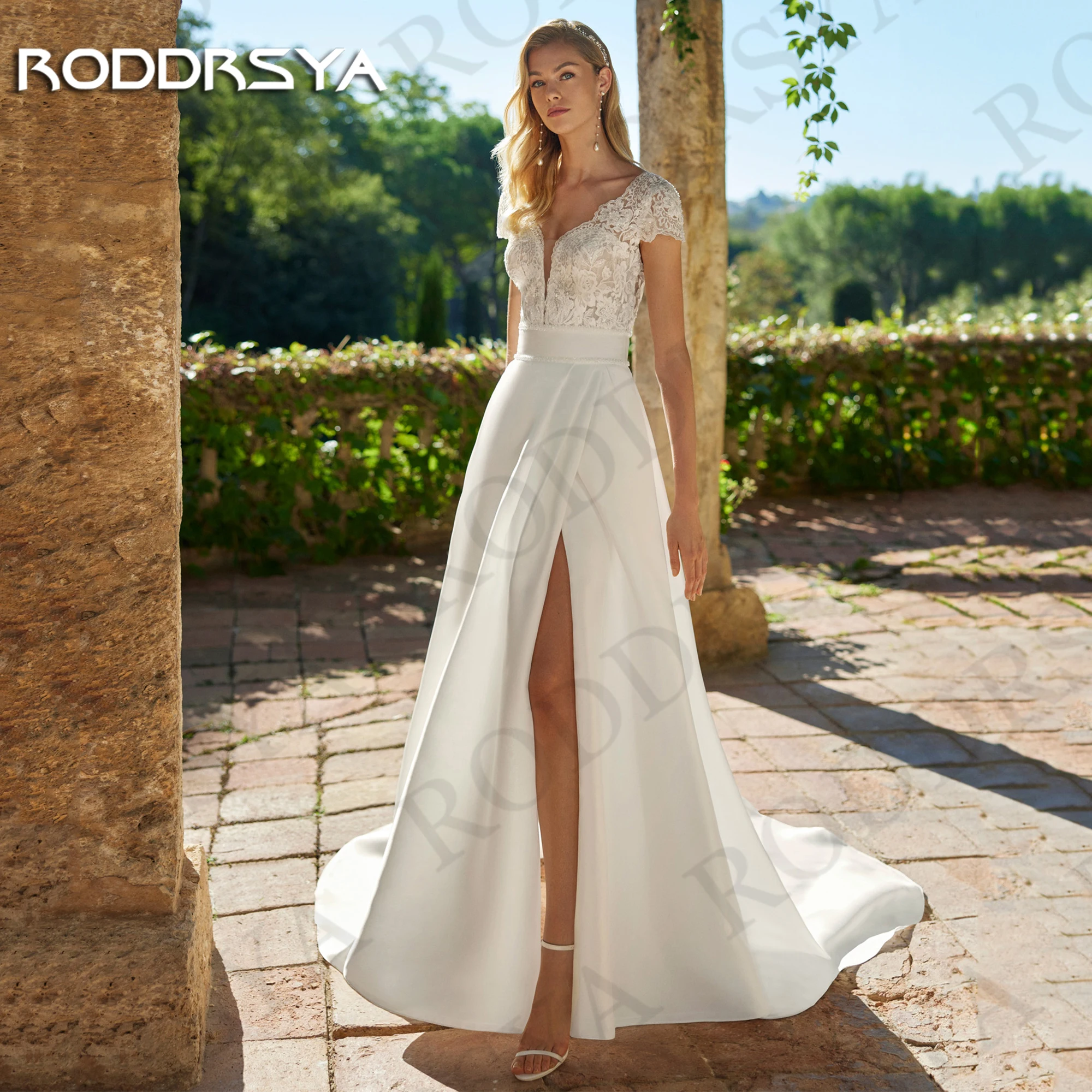 RODDRSYA A Line Wedding Dress Satin Side Slit Elegant Lace Short Sleeves V Neck Bridal Gown Open Back Appliques robes de mariage